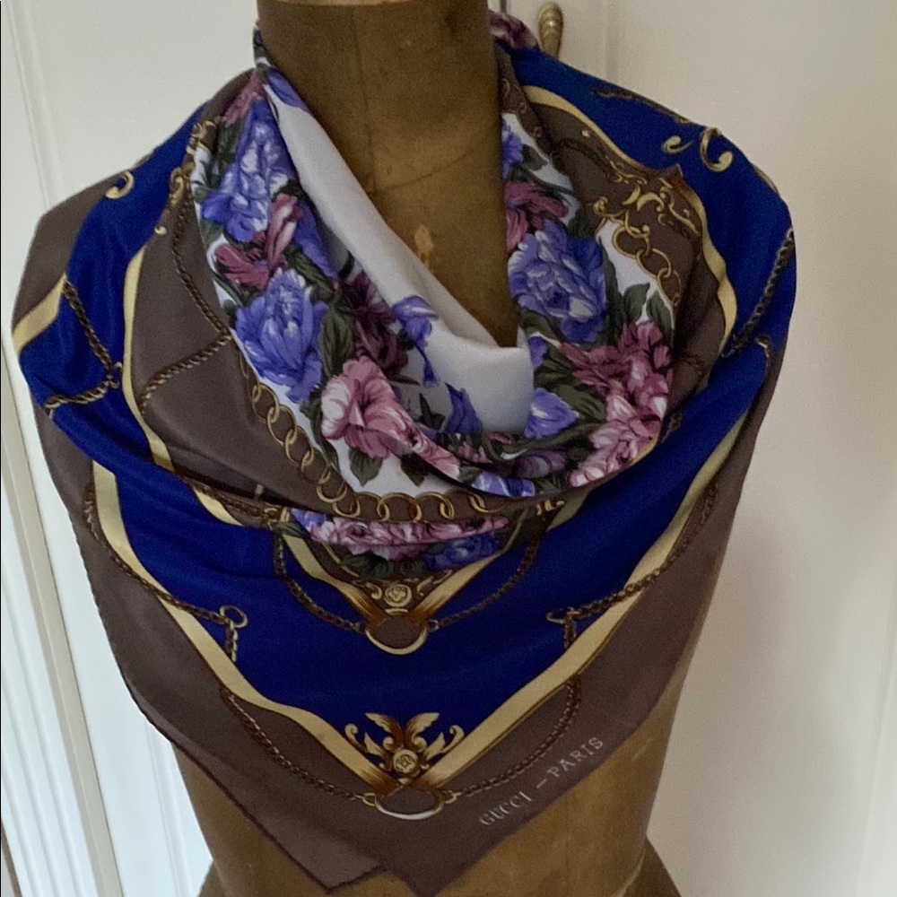 Gucci Women's Silk Scarf - Blue, Brown, and Purple Floral